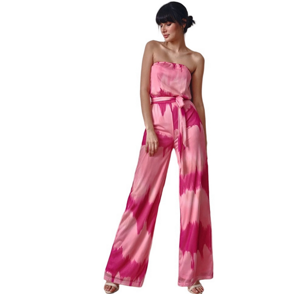 New York & Co Sweet Pea Pink Tie-Dye Strapless Boho Wide-Leg Jumpsuit XS New - Picture 17 of 17